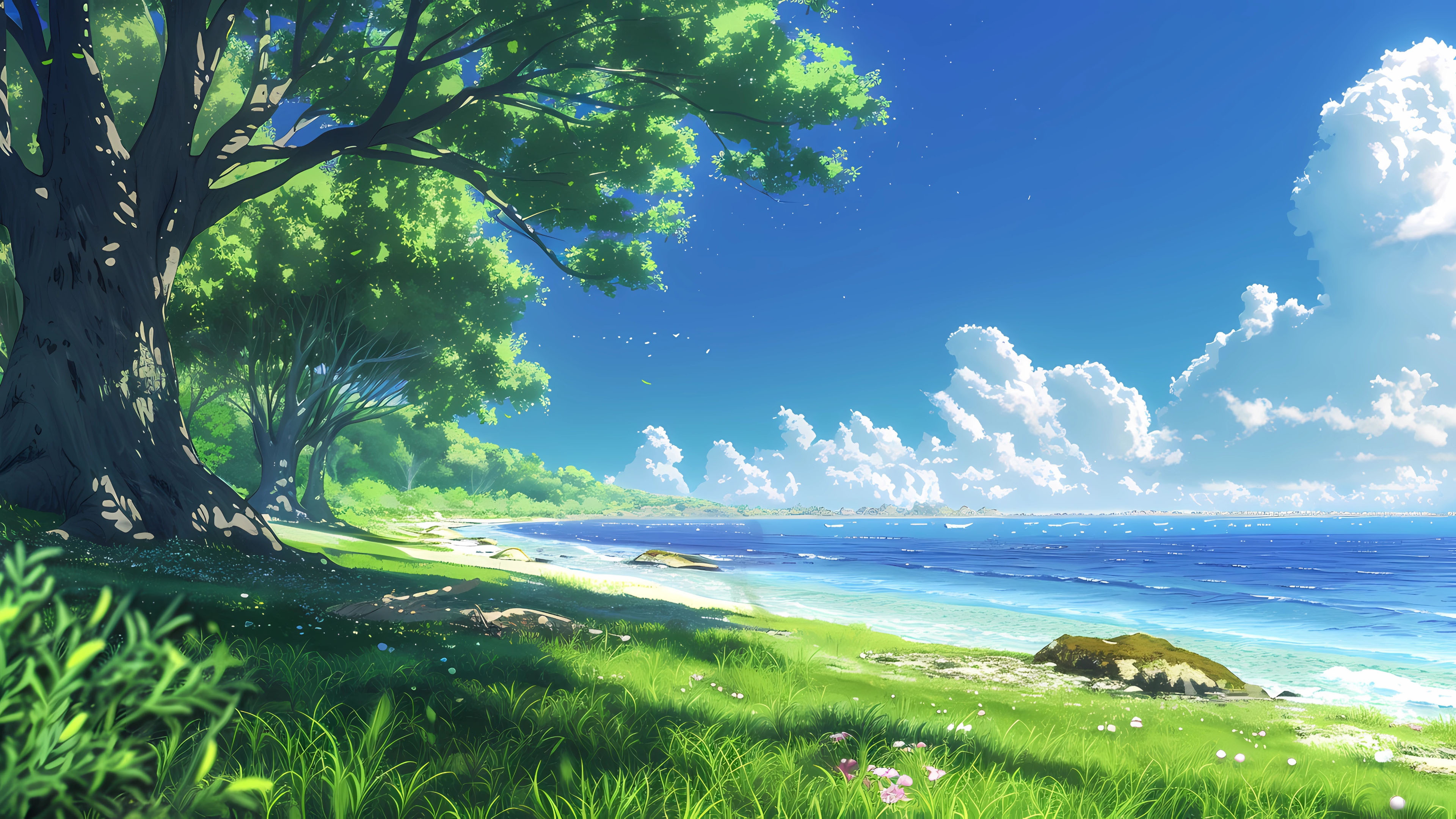 动漫卡通,清凉一夏,夏天海边风景,绿树,草地,蓝天白云
